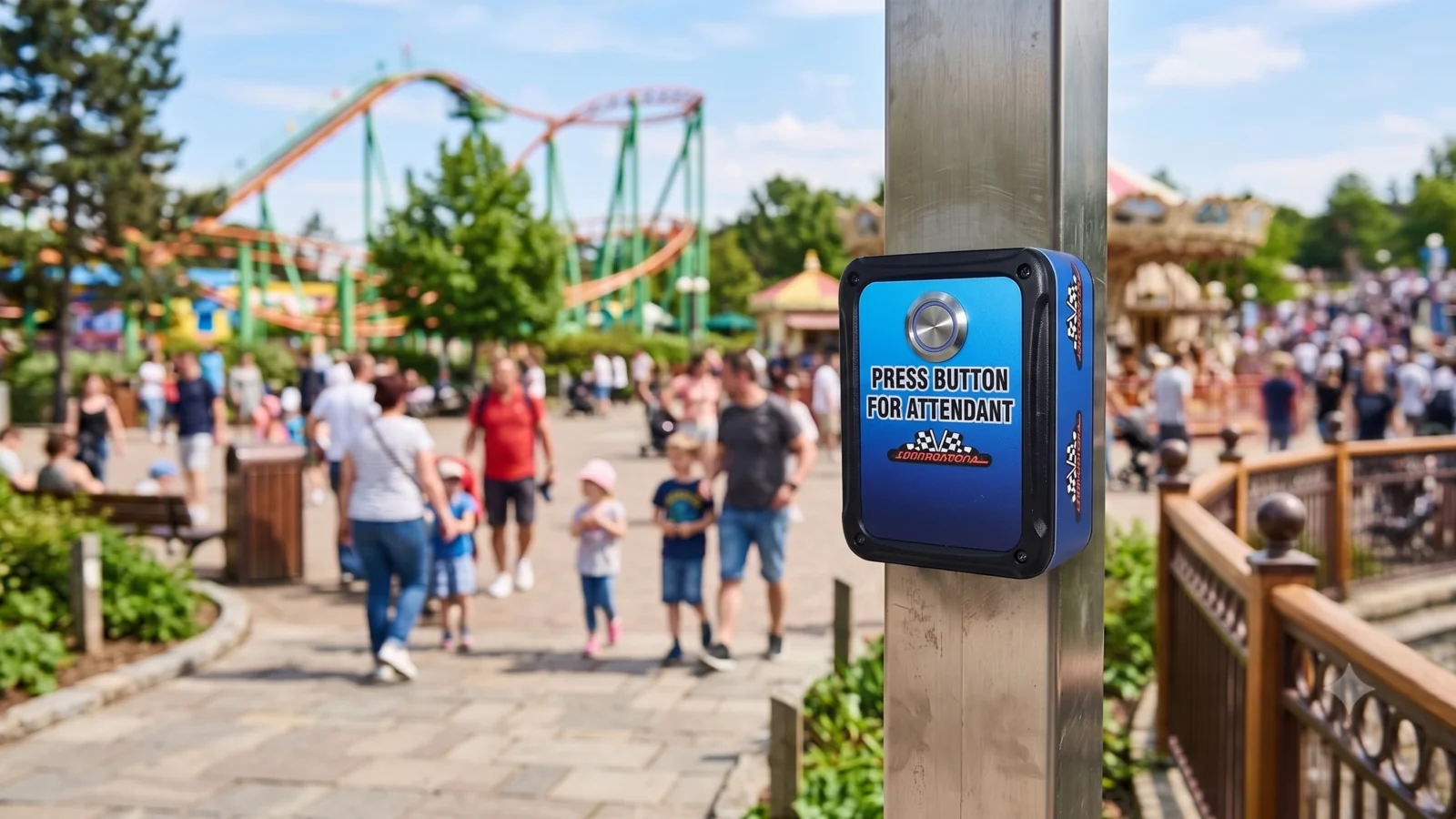 Call button mounted at an amusement park