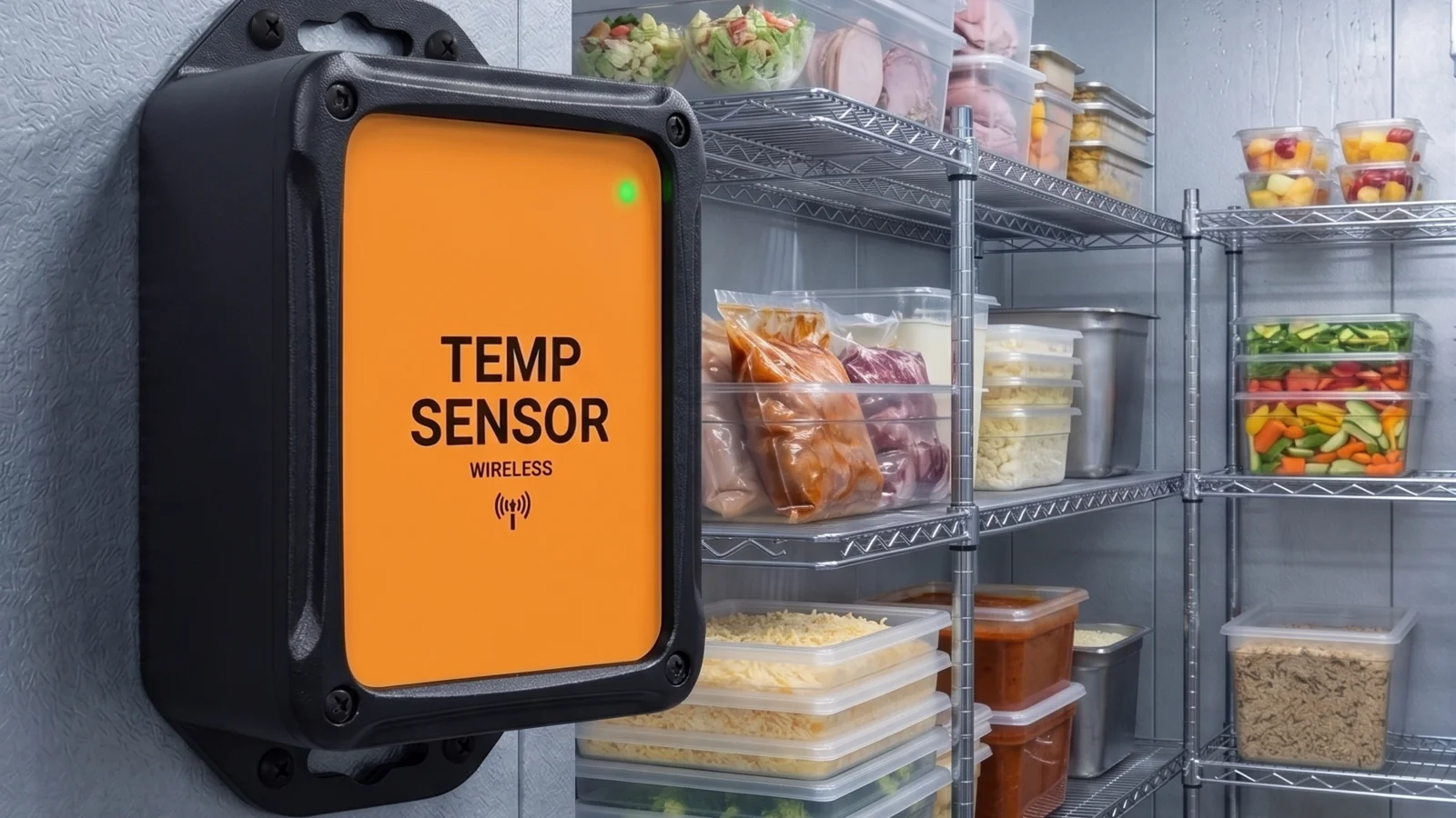 Walk-in cooler with wireless temperature sensor